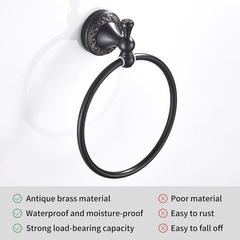 Oil Rubble Bronze Brass Bath Towel Ring, Wall Mounted Black Bathroom Hardware Accessories with Pattern Carving Design