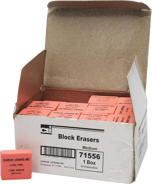 Charles Leonard Synthetic Eraser, Latex Free, Block Shape, Medium, Pink, Box of 60