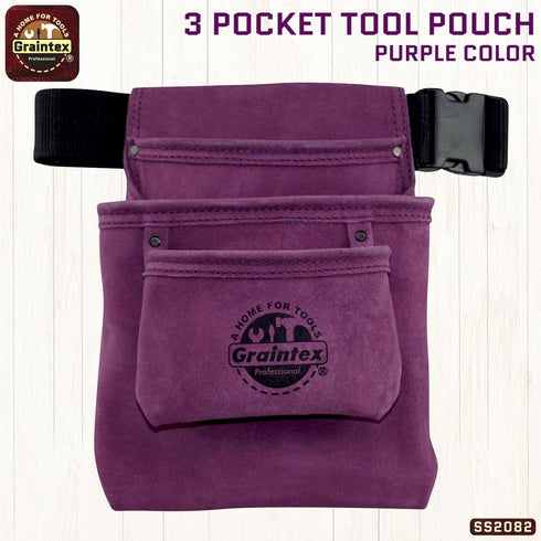 Graintex SS2082 3 Pocket Nail & Tool Pouch Purple Color Suede Leather with 2 Webbing Belt for Constructors, Electricians, Plumbers, Handymen by Graintex