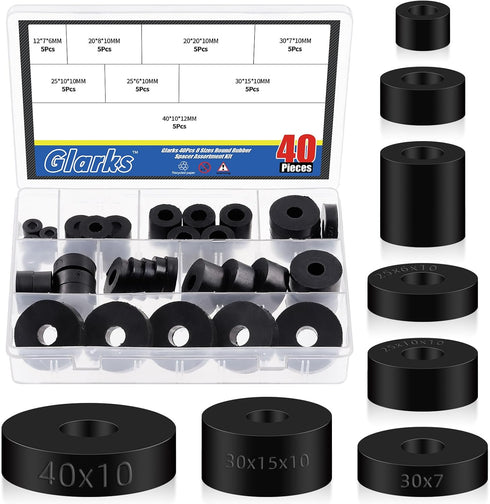 Glarks 40Pcs 8 Sizes Round Rubber Spacer Assortment Kit, Multi-Purpose Black Neoprene Washers for Electrical Repair