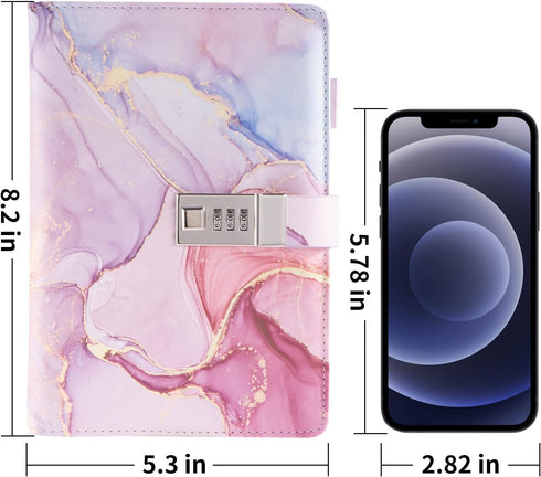 Marble Diary with Lock, A5 Leather Journal for Girls, Cute Password Lock Notebooks with Pen Holder for Travel