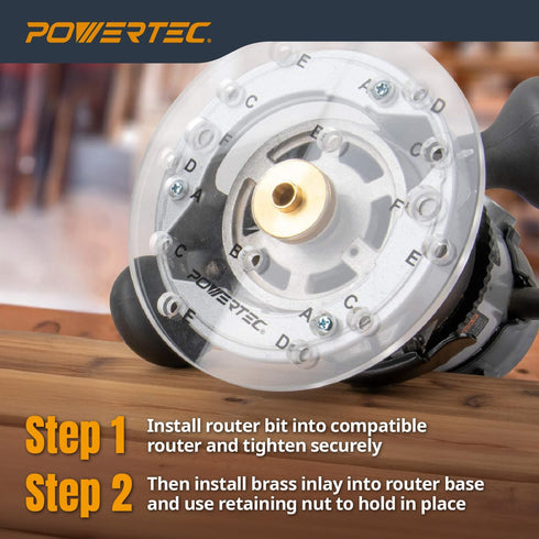 Set 1/8" 1/4" 1/4" 71333E POWERTEC Router Brass Inlay Kit with Router Bushing Guide + Centering Pin, Collar & Diameter
