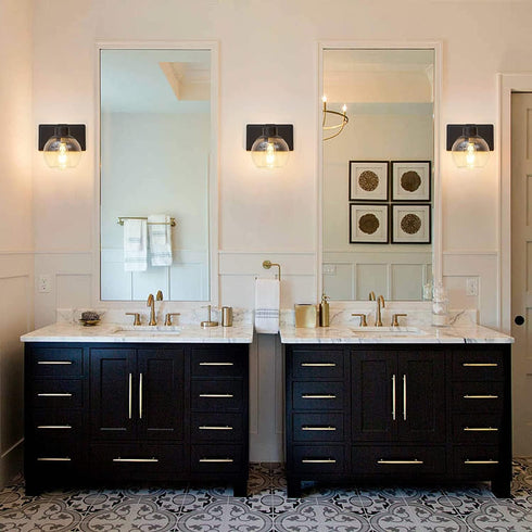 Set 2, Set E26 Bathroom Sconces of Black Wall Sconces of Two, Bathroom Vanity Light with Clear Glass Shade, Modern Wall