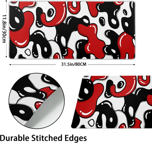 Red Black White Mouse Pad XL 31.5”x11.8” Anime Cool Geometric Desk Mat, Non-Slip Rubber Base for Home Office