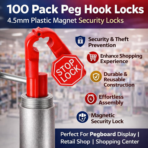 Generic 100 Pack 4.5mm Peg Hook Locks, Plastic Magnet Security Red Stop Locks, Anti-Theft Pegboard Display Lock