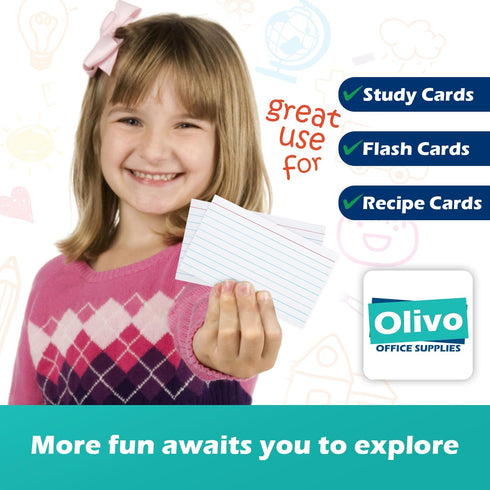 Olivo 3x5 3" 5", 100 Count, 200 Index Cards Lined Ruled Flash Note Cards x White, GSM Heavy Weight