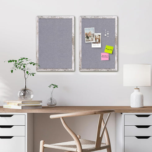 Gray Felt Cork Board Bulletin Board - Decorative Hanging Cork Boards with White Rustic Wood Frame