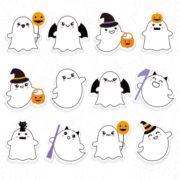 Whaline 24 Packs Halloween Sticky Notes, Cute Boo Ghost Notepads, 12 Designs Trick or Treat Memo Pads