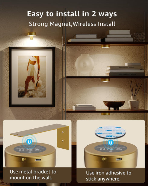 3 Pack 2600mAh Wireless Rechargeable Above Picture Lights for Wall, Battery Art Light for Paintings Cordless Over Photo