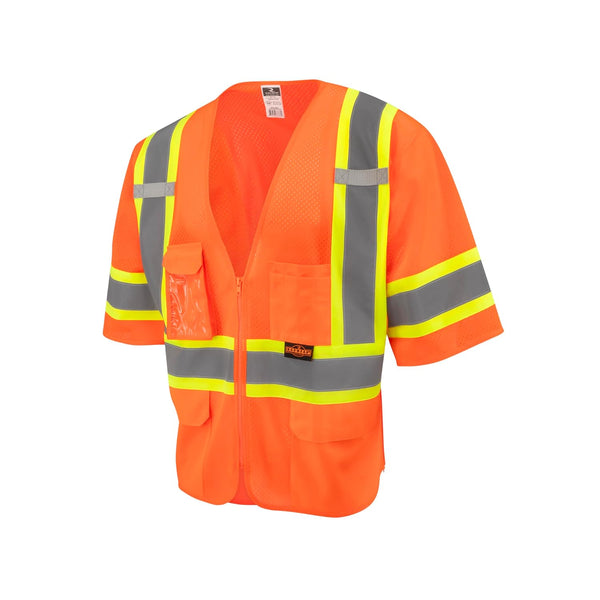RADWEAR SV232-3 Class 3 Two-Toned Reflective Mesh Surveyor Safety Vest with Dual Side Zippers for Men and Women, Hi-Vis Orange, 2X