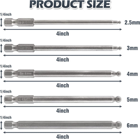 5Pcs Ball End Metric Hex Bit Set 100 mm/4 Inch Length S2 Steel Magnetic Ball End Hex Screwdriver Bit Set with 1/4 Inch Hex Shank, 2.5MM 3MM 4MM 5MM 6MM Ball Hex Driver Bits For Power Tools by Unlorspy