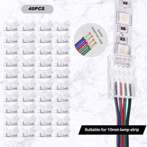 40 Packs LED Strip Connector 4 Pin, 10 mm LED Connectors for Strip Lights, Waterproof RGB Unwired Clips