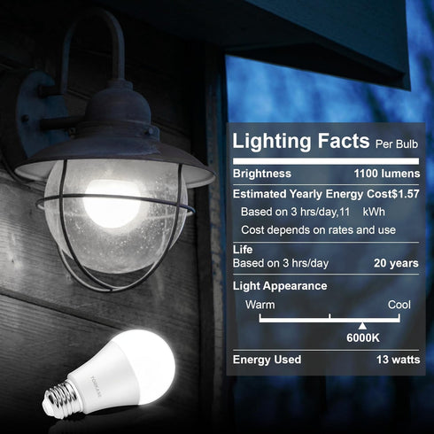 Bulbs- 12W(100W 6000K E26 A19 Bulbs, Torkase Outdoor Dusk to Dawn Light No Timer Required, Equivalent), Cool White