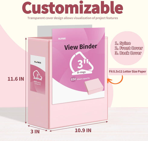 SUNEE 3 Inch Clear View Binder, PVC-Free Three Ring Binder for School or Office Supplies, Assorted Pastel, 4 Pack
