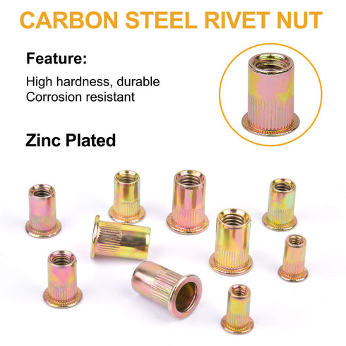 VIGRUE Rivet Nuts Assortment Kit, 230PCS SAE and Metric Carbon Steel UNC Nutserts, Zinc Plated, Flat Head Insert Nut