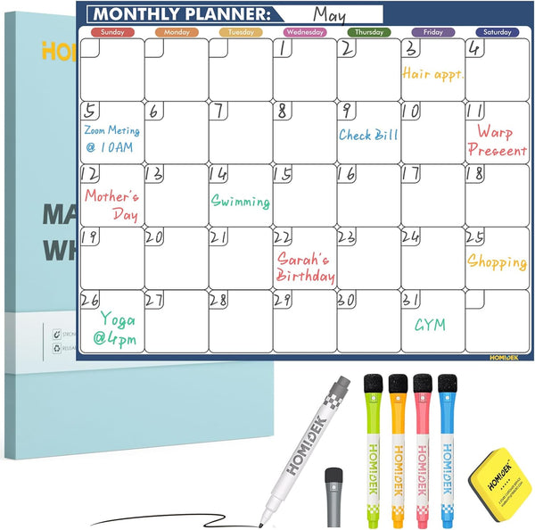 Magnetic Dry Erase Calendar for Refrigerator, Monthly Planner Board with Markers & Eraser - 14 x 11 Inches