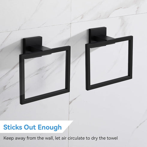 Hand Towel Holder for Bathroom, Matte Black Square Wall Mount Towel Rings, SUS 304 Stainless Steel Shower Hanger