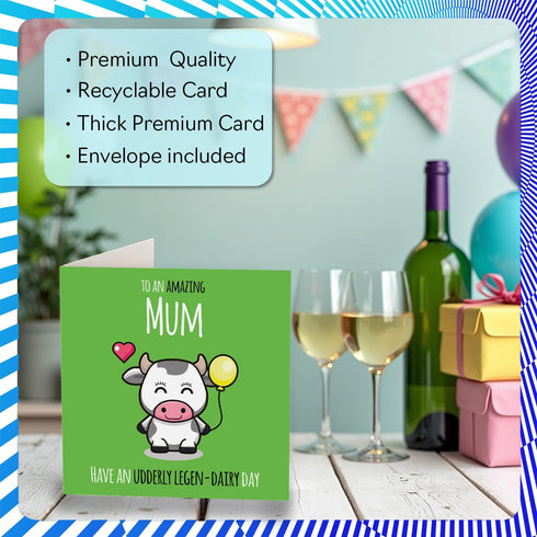 Stuff4 5.7 Inch Mum Birthday Card - Udderly Legen-Dairy - Happy Birthday Card for Mum from Son Daughter, cute cow Bday