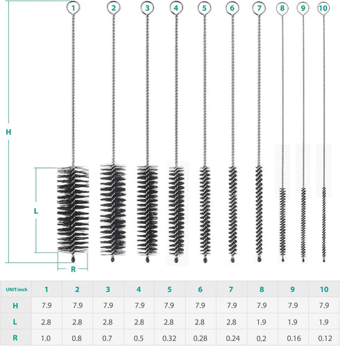 8 Inch Set, Set 10pcs CiaraQ Bottle Cleaning Brushes, Nylon Tube Brush Cleaner for Narrow Neck Bottles Cups with Hook