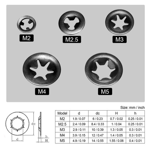 OIIKI 200pcs Internal Tooth Washers, Quick Locking Washers, Push On Speed Clips Fasteners Kit, 65Mn Steel Washers (5