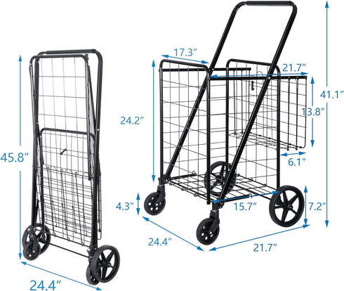 Compact Folding Grocery Cart with Dual Baskets - Black