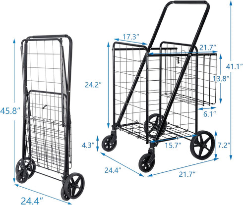 97LB Foldable Shopping Utility Cart Compact Portable Grocery Cart w Whees Double Baskets, Wagons Carts Foldablefor