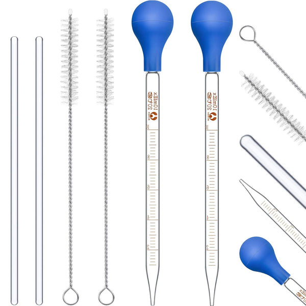 Weewooday Glass Droppers Pipettes, Graduated Lab Dropper with Big Rubber Hats, 20 cm Stir Rod Washing Brush, 8 Pieces