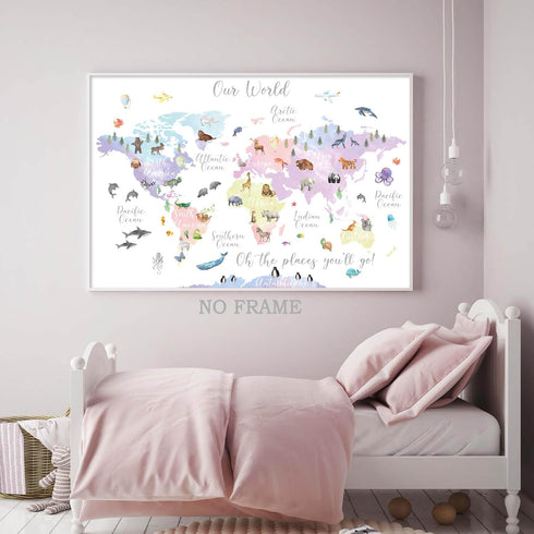 Vlejoy Pink Animal World Map Poster Print, 16x24in Canvas Wall Art for Girl's Bedroom & Classroom Decor