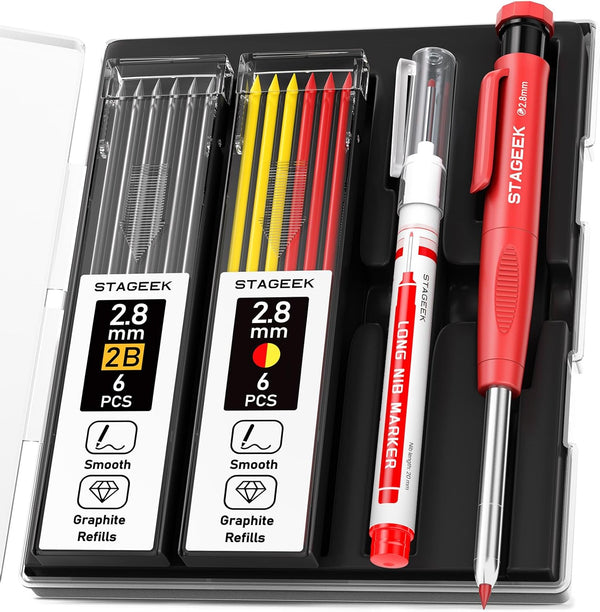 Carpenter Pencils Set with Sharpener, Heavy Duty Woodworking Tools, Construction Pencil with 13 Refills
