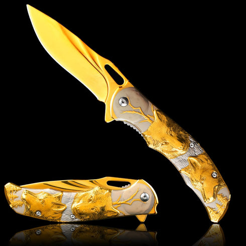 Pocket Knife for Men - Folding Knife with Clip & 3D TITANIUM PLATED WOLF Relief, Gold EDC Knife