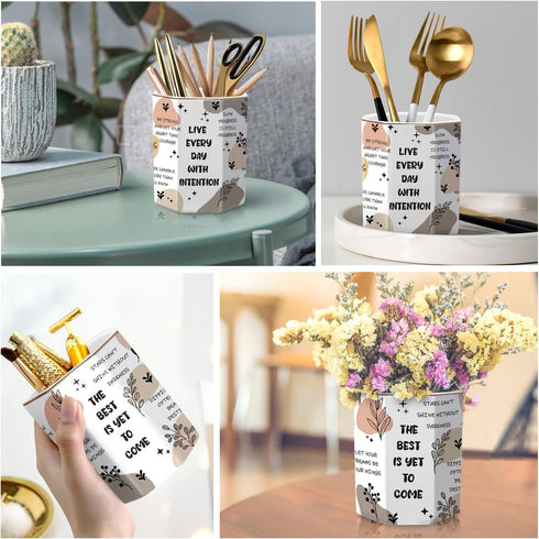 WAVEYU Cute Pen Holder for Desk, Ceramic Pencil Holder, Makeup Brush Holders, Desktop Stationery Organizer for School Students Office Women Teens Girls Boys, Words by WAVEYU