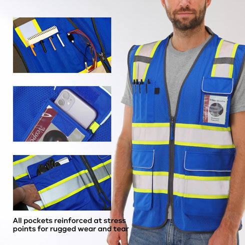 Reflective Safety Vest, Blue Mesh, High Visibility with Pockets and Zipper, Padded Neck, Blue with Yellow Trim