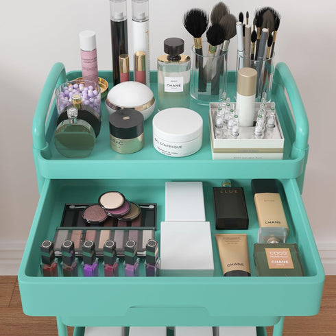 Calmootey 4-Tier Rolling Utility Cart with Drawer, Multifunctional Storage Organizer with Plastic Shelf & Metal Wheel,