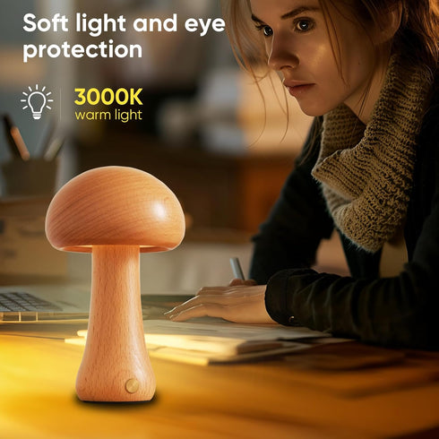 Small Wood Mushroom Lamp, LED Cordless Touch Lamp, Portable Dimmable Battery Lamp for Bedroom Nightstand