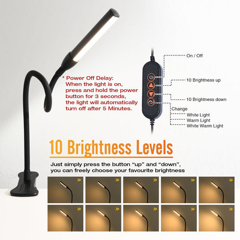 Clip on Reading Light, Clip Light with Warm & Daylight & White Light, 3 Colors, Eye-Care Clamp Lamp with 10 Modes