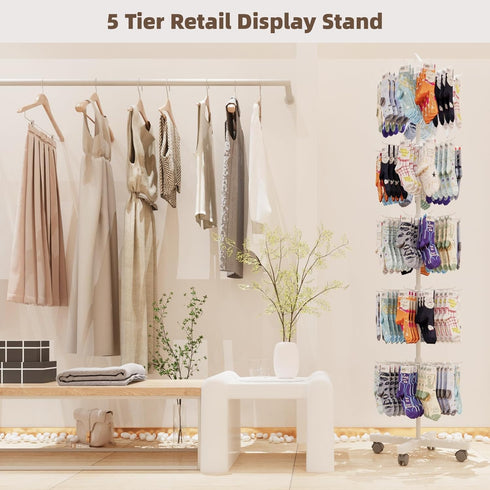 5 Retail Display Racks Tier Spinning Display Stand, Movable Shop Spinner Rack with Hooks, Retail Display Stand