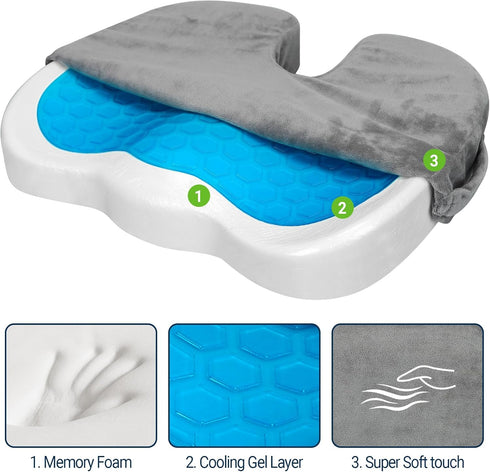 Gel Seat Cushion for Office Chair, Non-Slip Gel Memory Foam Coccyx Cushion for Tailbone Pain Relief, Desk Chair Car