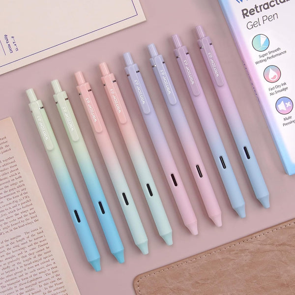 Writech Retractable Gel Ink Pens, 8ct Black Ink 0.5mm Fine Point Tip, Smooth Writing with Aesthetic Gradient Color