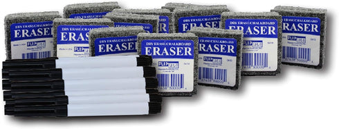 Flipside Products 12 Student Erasers and 12 Black Dry Erase Markers, Class Pack for Classroom