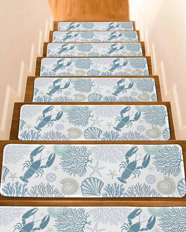 BOHOOSKYLAR Navy Lobster Stair Treads Ocean Starfish Shell Coral Marine Life Indoor Non