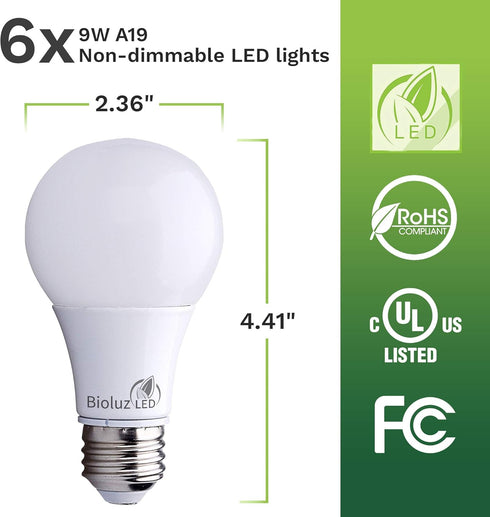 Bioluz LED 60 Watt Light Bulbs, 4000K Cool White, 9 Watts = 60W, Non-Dimmable A19 LED Light Bulbs, 6 Pack