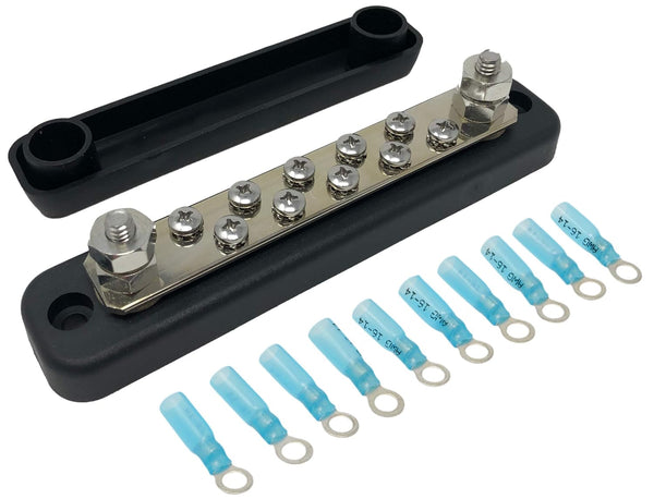 10 Terminal Bus Bar Kit for Power and Ground Distribution, Heat Shrink Ring Terminals and Cover Included