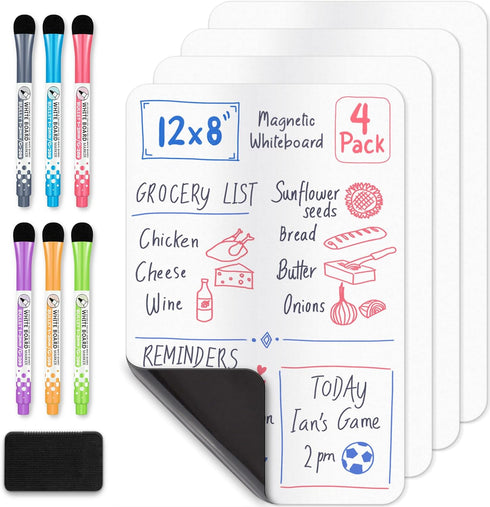 Magnetic Dry Erase White Board Sheet for Fridge (12x8"), Stain Resistant Technology with 6 Markers & Big Eraser