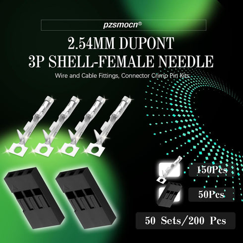 50 Sets / 200 Pieces Dupont 2.54 mm Pitch 3-Pin Adapter Connector, Female Housing Black Socket Terminal for Wires Cable