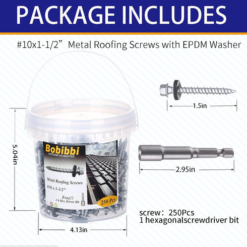 Metal Roofing Screws 10 x 1-1/2 inch, Hex Head Sheet Metal Roof Screw with EPDM Washer (250Pcs)