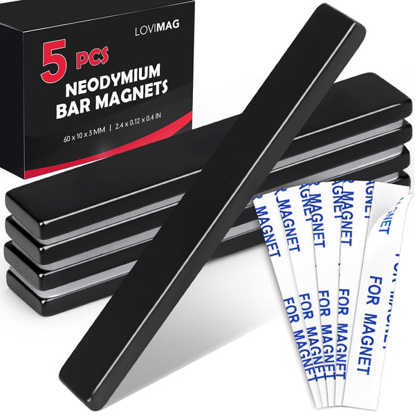 LOVIMAG 60 x 10 x 3 mm Rare Earth Bar Magnets, Black Waterproof Neodymium with Epoxy Coating, Pack of 5