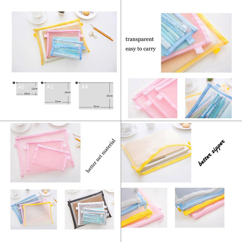 Zipper Files Bag, Breathable Transparent Mesh Documents Pocket Pouch for Office School Supplies (White, A6)