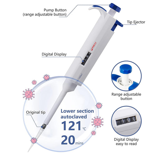 FOUR E'S SCIENTIFIC High-Accurate Single-Channel Manual Adjustable Pipettes, 10uL-100uL