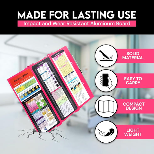 Nursing Clipboard Foldable with Medical Edition Cheat Sheets, 3 Layers Aluminum Clipboard for Nursing Students (Pink)