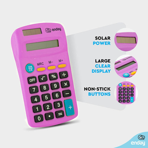 Basic Small Solar and Battery Operated Calculator, Purple, Large Display, Four Function, Handheld for School, Kids